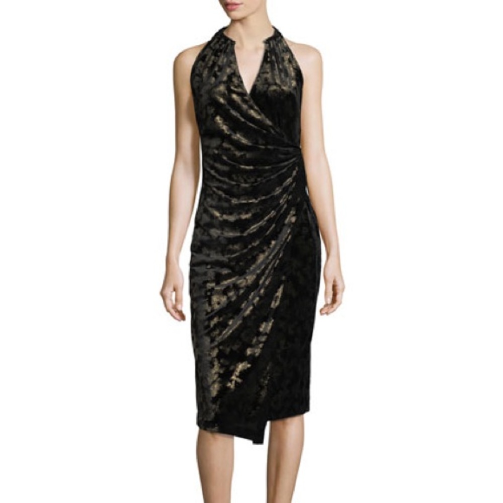Elie Tahari Belecia Sleeveless Faux-Wrap Velvet Dress, Black/Gold